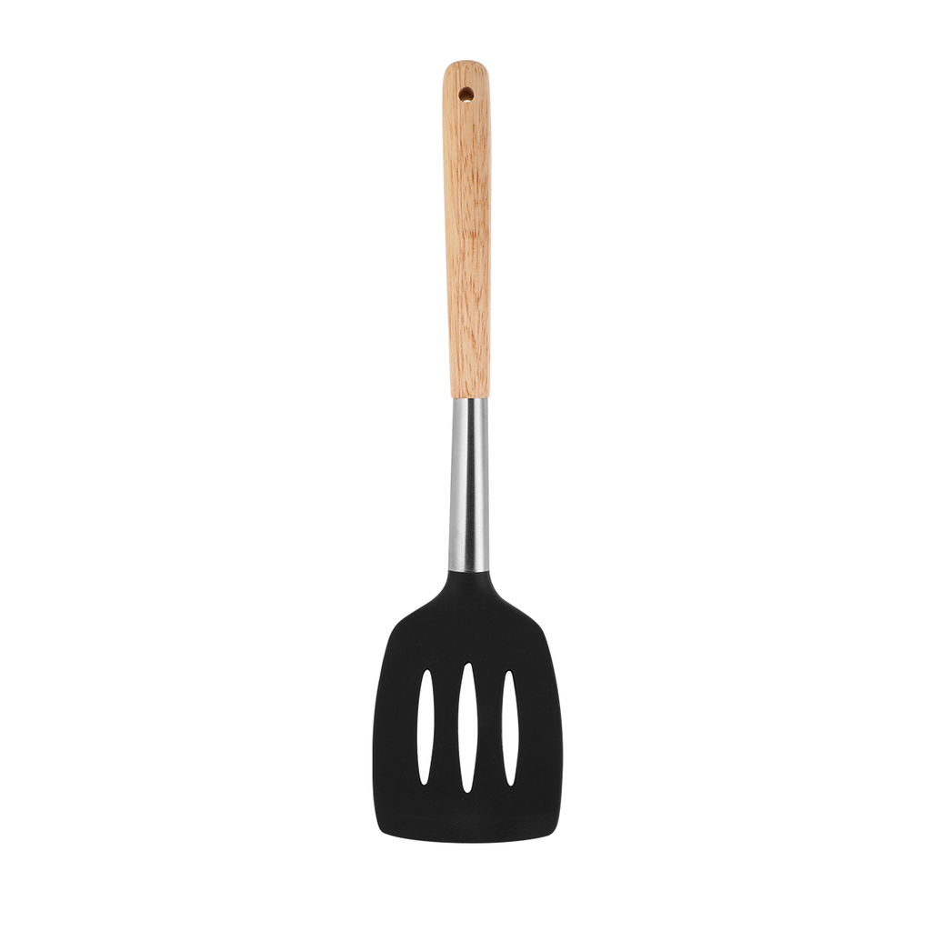 Vague Silicone Grey Silicone Slotted Turner with Oak Wood Handle