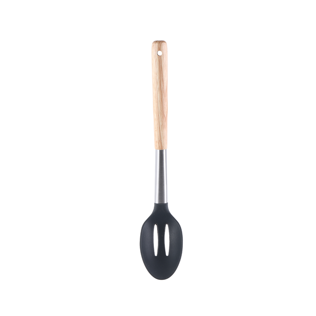 Vague Silicone Grey Silicone Slotted Spoon with Oak Wood Handle