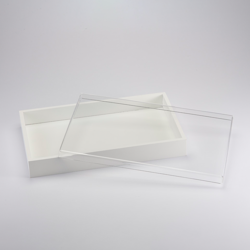 Vague Rectangular White Wooden Serving Box with Acrylic Cover 42 cm x 26 cm