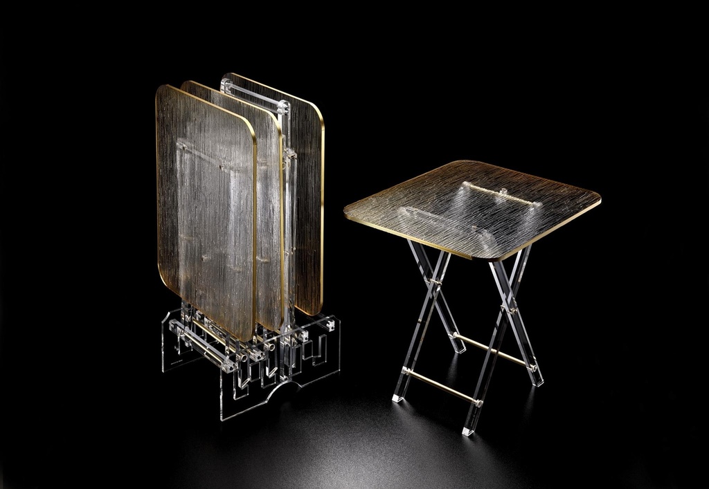 Vague Acrylic 4 Rectangular Coffee Tables with Stand Set Bark Design