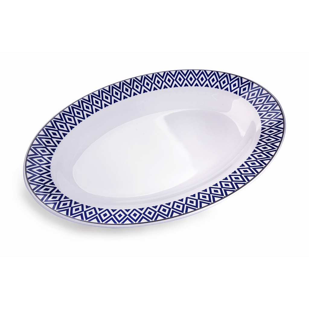 Vague Melamine Deep Oval Plate Blue Line 14"