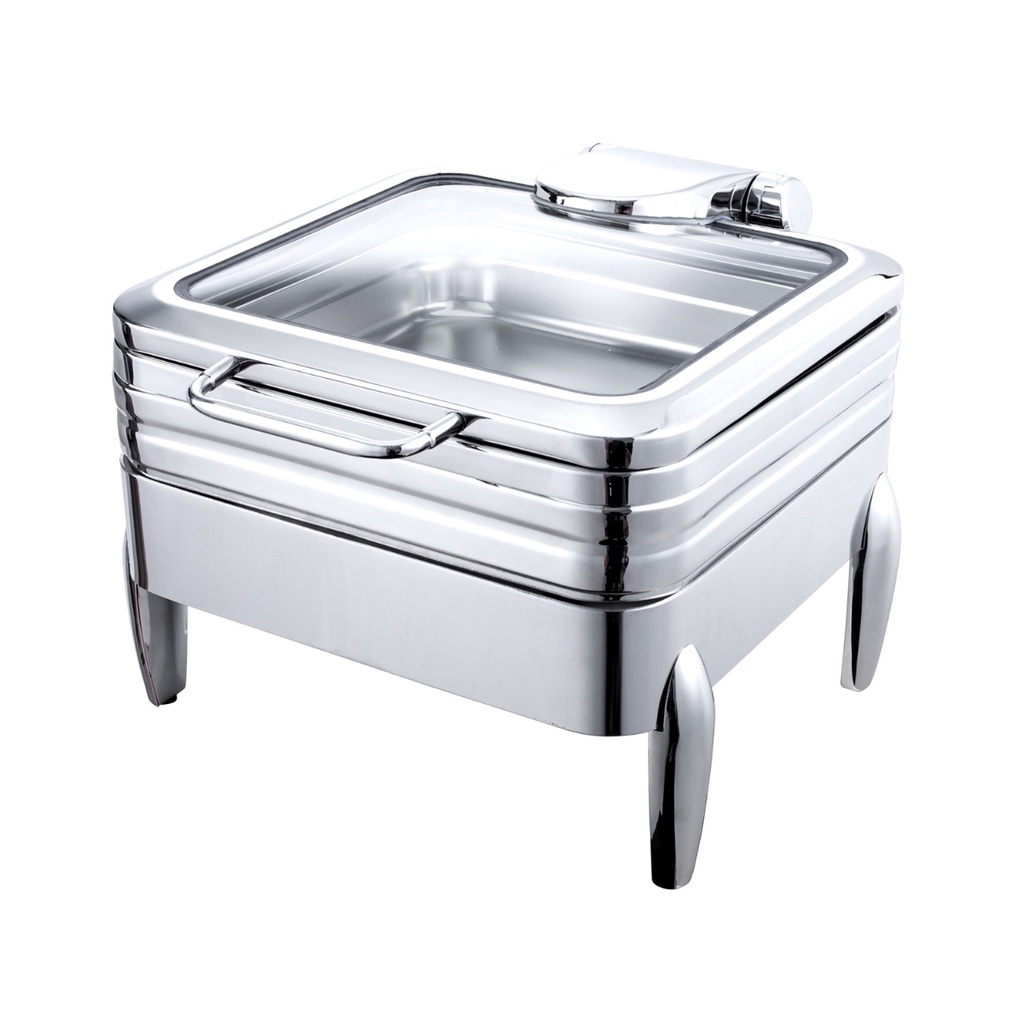 Vague Stainless Steel Square 2/3 Chafing Dish with Glass Window Lid 6 Liter