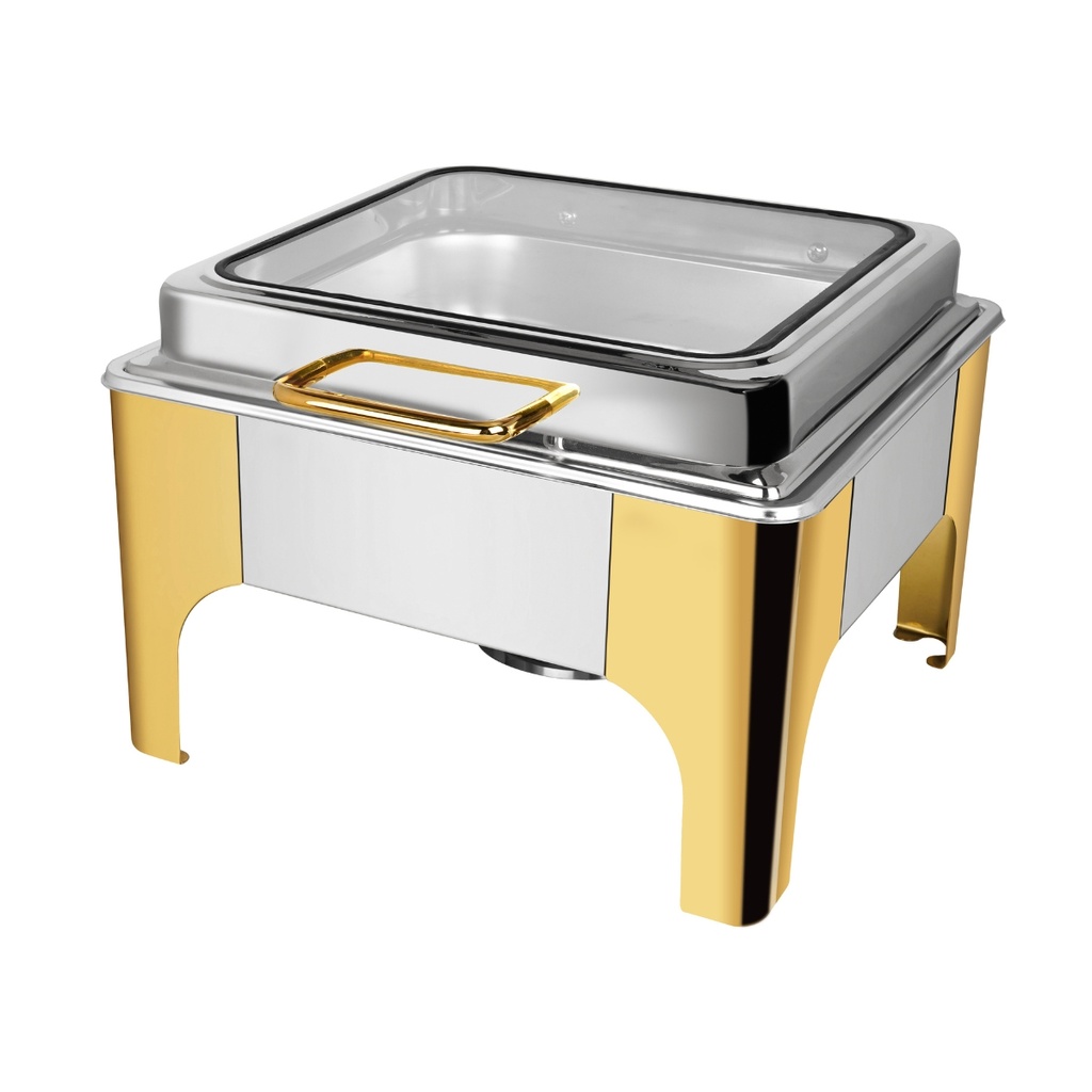Vague Square Stainless Steel 2/3 Chafing Dish with Glass Lid 6L Semi Gold