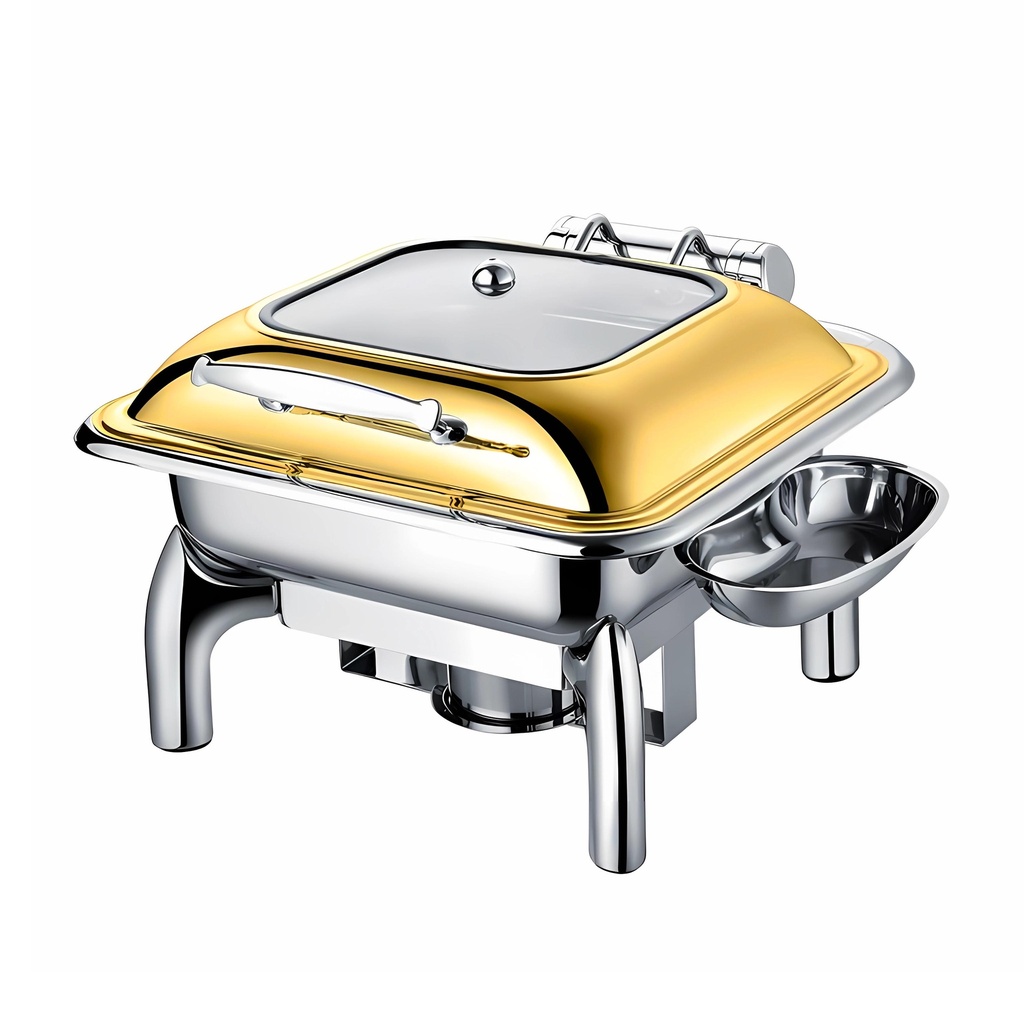 Vague Stainless Steel Square Chafing Dish with Glass Lid 6L Gold