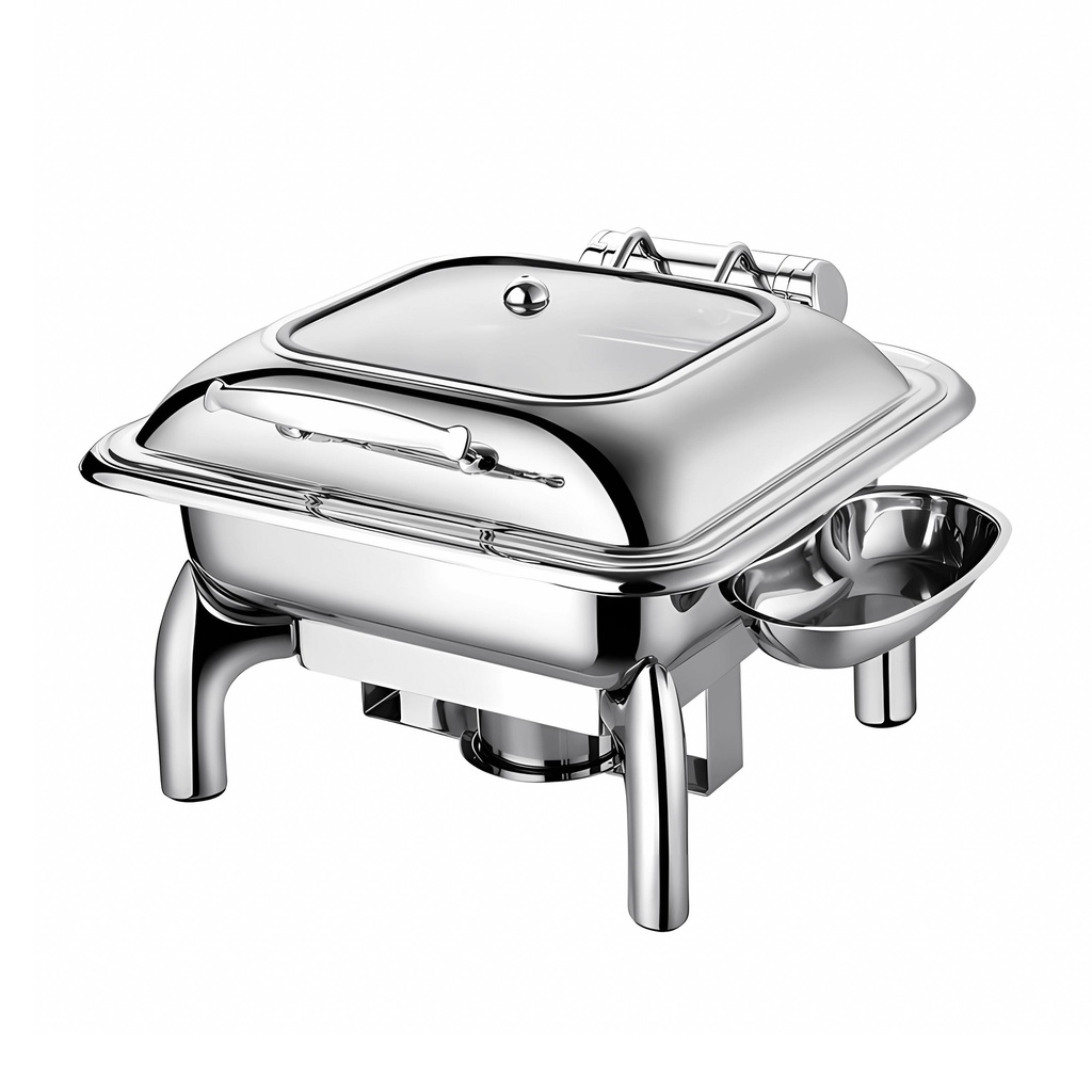 Vague Stainless Steel Square Chafing Dish with Glass Lid 6L Silver