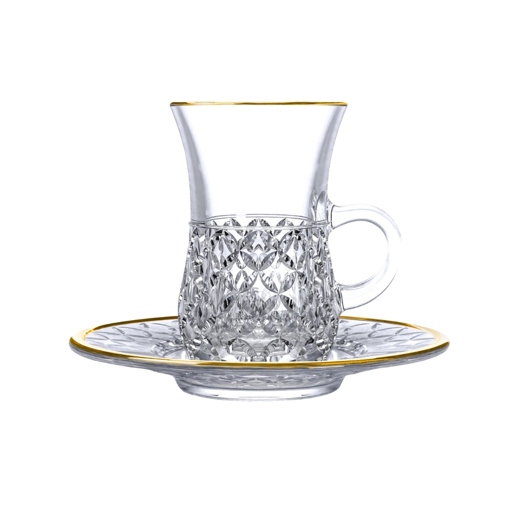 Vague Crystal 12 Piece Tea Cups & Saucers Set with Gold rim