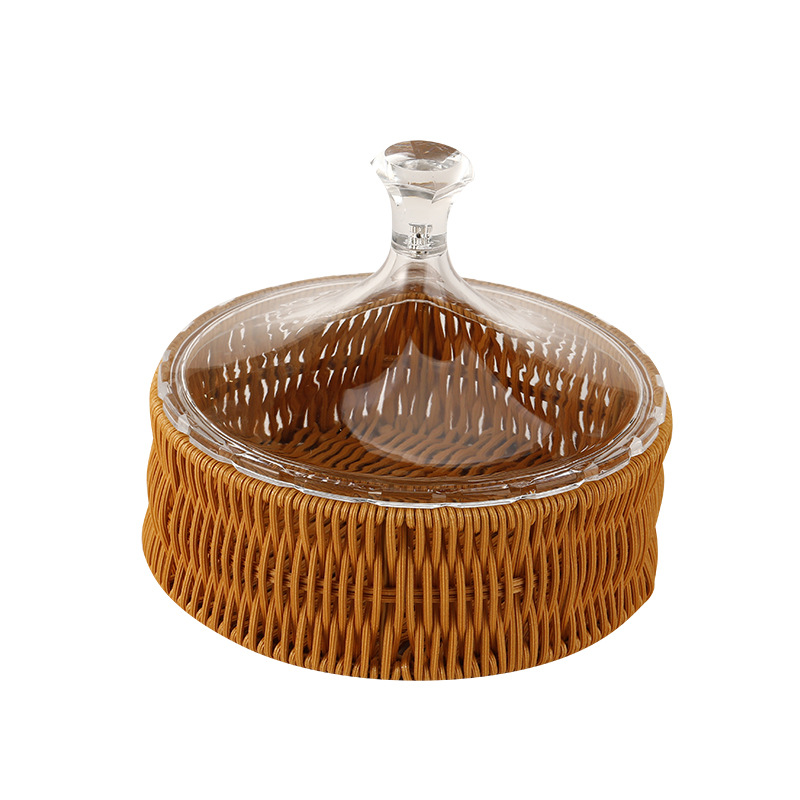 Round Rattan PP Basket with Acrylic Cover 19 x 19 x 16 cm
