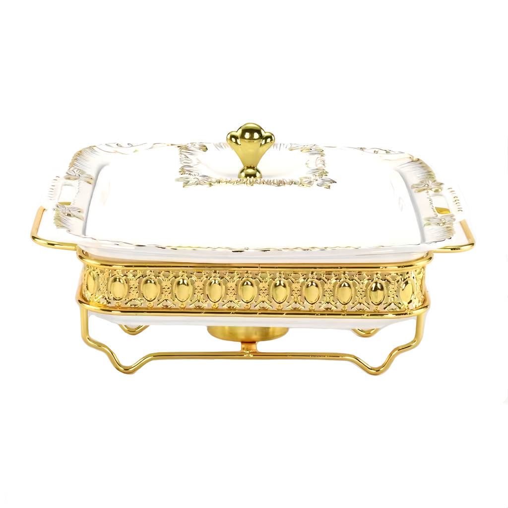 2.8L Square Ceramic Food Warmer with Golden SS Stand