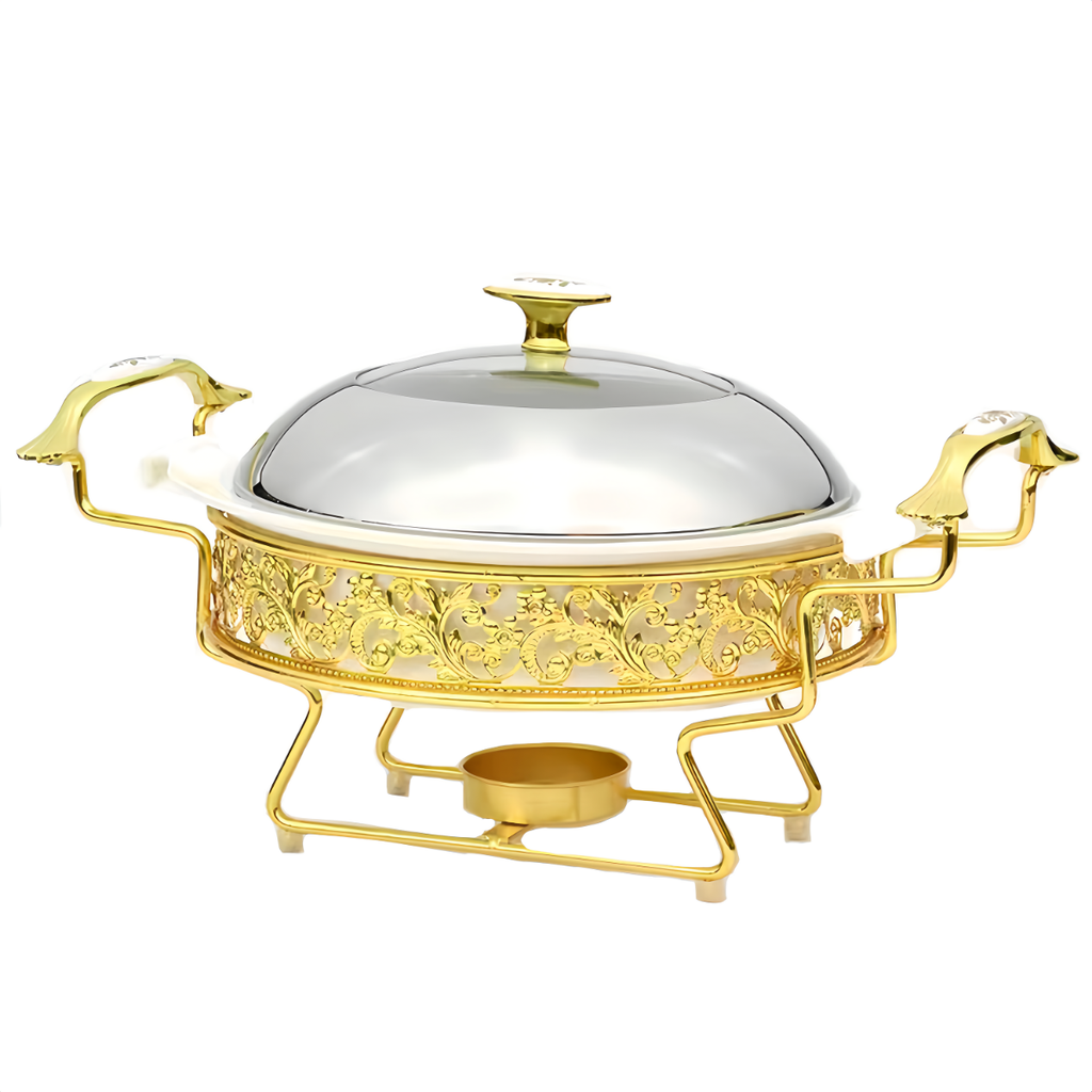 11" Round Ceramic Food Warmer with Golden SS Stand and Lid