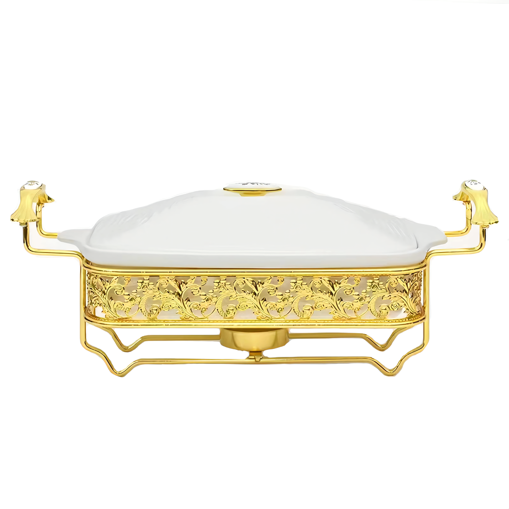 2.5 L Rectangular Ceramic Food Warmer with SS Golden Stand