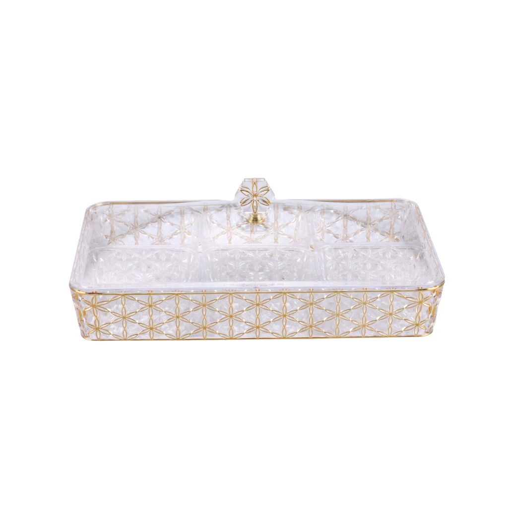 Vague Clear & Gold Rectangular Acrylic Candy Box with 6 bowls 40.2 cm x 27.2 cm Daisy Pattern