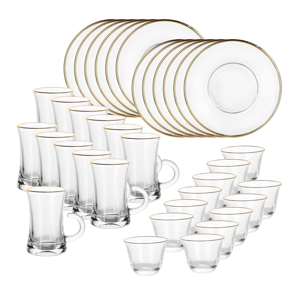Glass 36 Pcs Tea & Coffee Set - Plain with Golden Rim