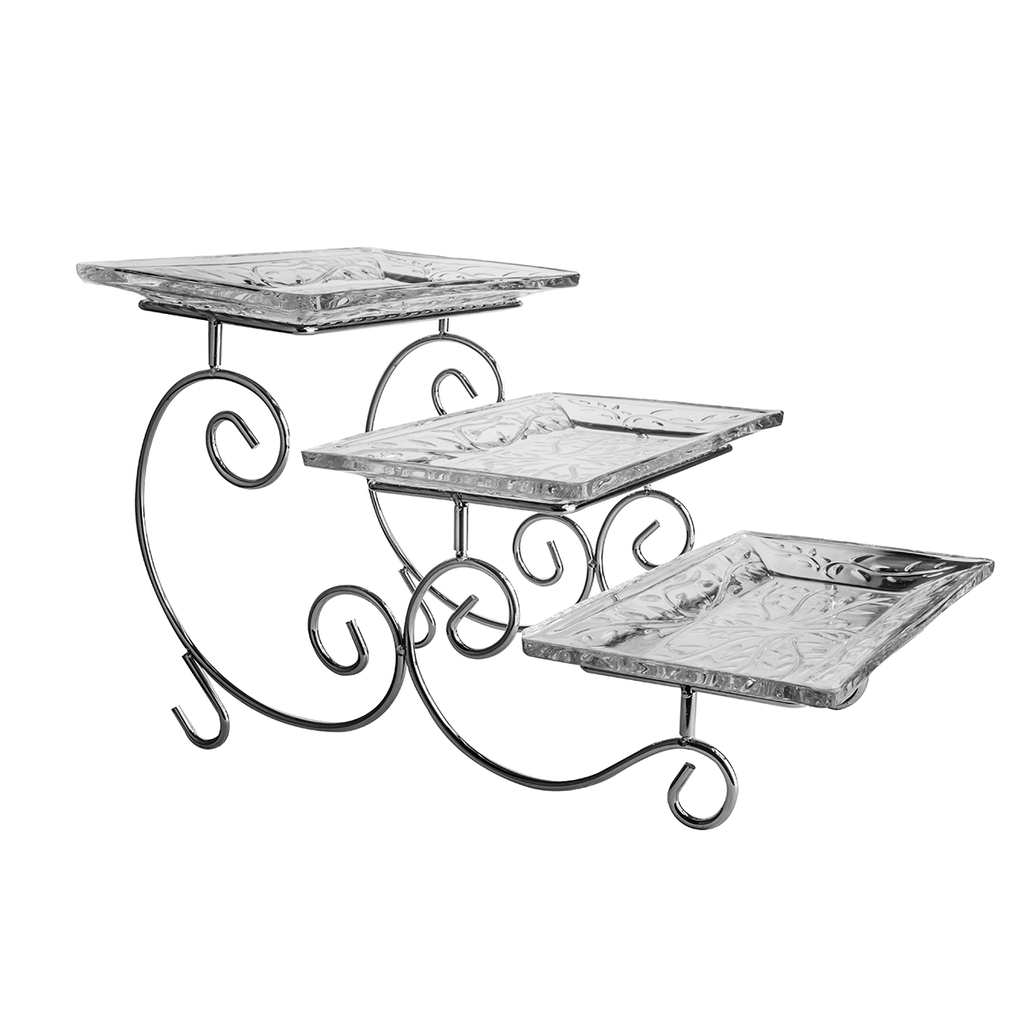 Vague 3 Tier Glass Cake Serving Set Silver
