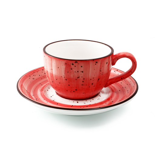 [08-1398DR] Porceletta Red Color Glazed Porcelain Coffee Cup & Saucer 270 ml