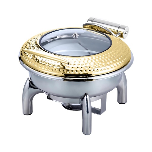 [BF-049G] Upper 6L Round Chafing Dish  With Glass Lid, Small Hammer - Gold