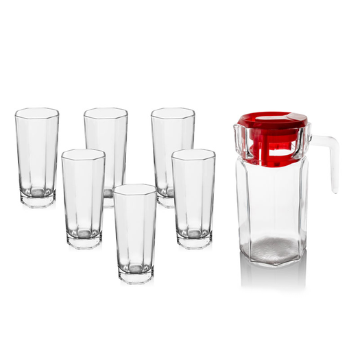 [04-354] Vague Glass Glass Jug 1.3 Liter Red Lid with 6 Pieces Highball Glasses 9oz Set
