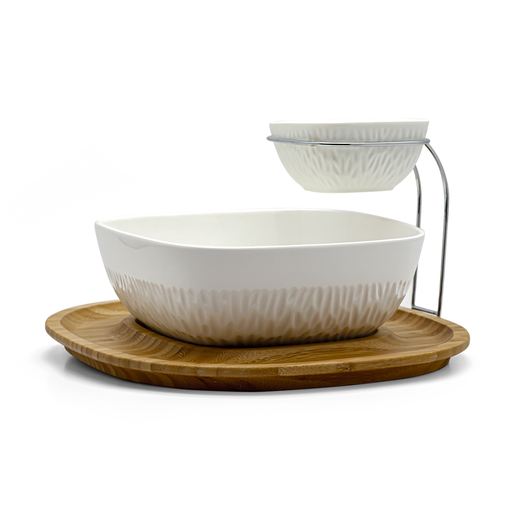 [08-1528] Porceletta Ivory Porcelain Chip & dip with Bamboo Stand