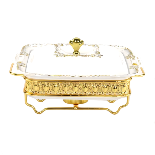 [13-R363] 2.8L Square Ceramic Food Warmer with Golden SS Stand