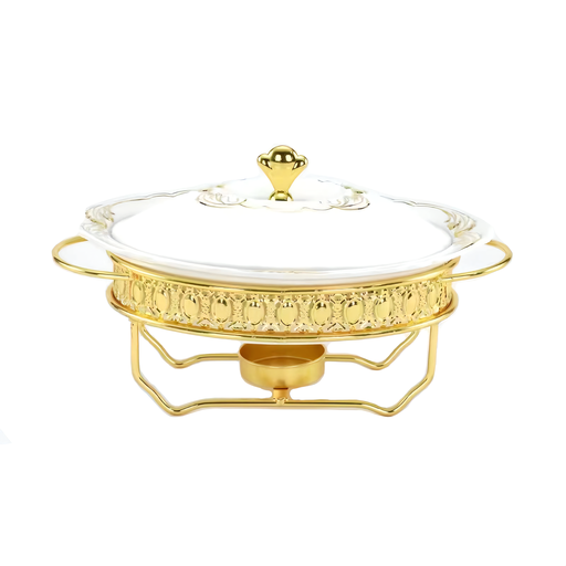 [13-R367] 1.5L Oval Ceramic Food Warmer with Golden SS Stand