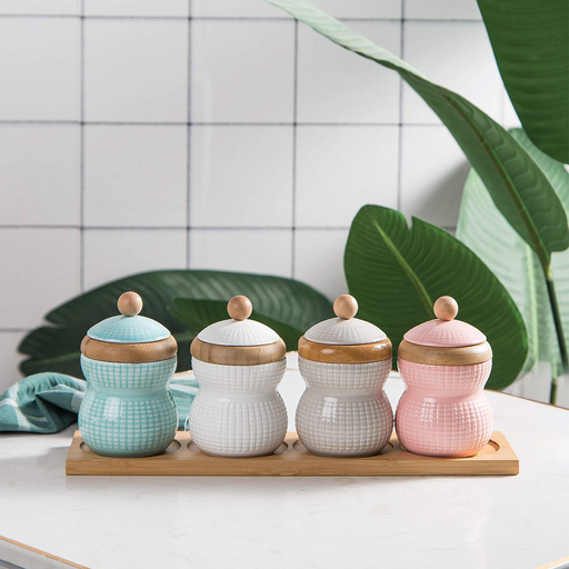 [03-181] Decopor Porcelain Spices Belly Jars 5 Pieces Set with Stand