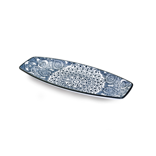 [D03-020] Che Brucia Arabesque Blue Porcelain Boat Shape Plate 10"