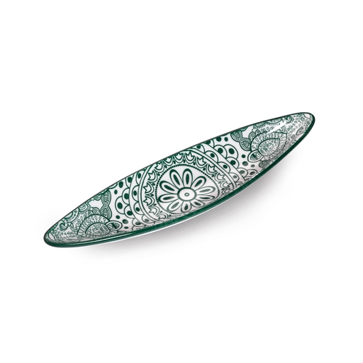 [D03-071] Che Brucia Arabesque Green Porcelain Boat Shape Dish 23.1 cm / 9"