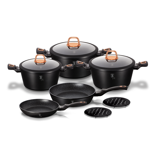 [BH-114] Berlinger Haus 10 Pieces Cookware & Frypans Set Black Rose Collection / BH/1645N