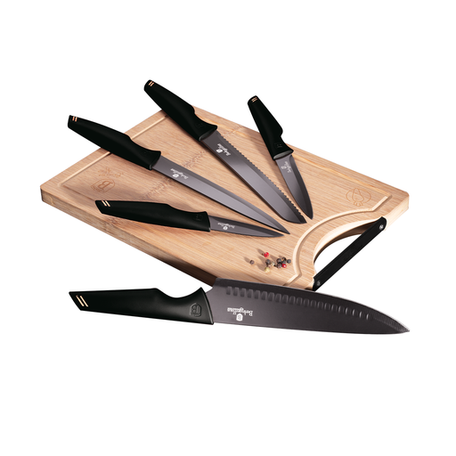 [BH-122] Berlinger Haus 6 Pieces Knife Set with Bamboo Cutting Board Black Rose Gold Collection / BH/2708