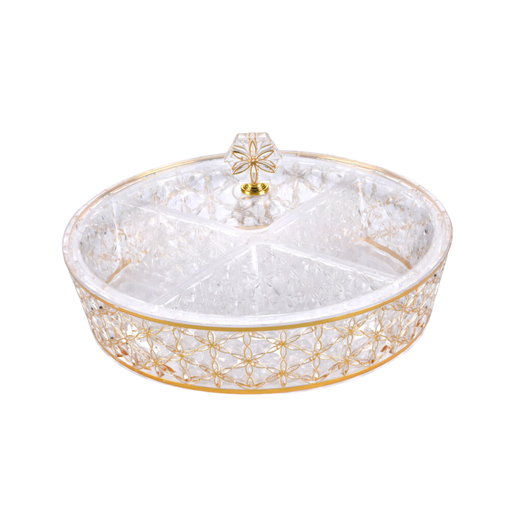 [02-1060] Vague Clear & Gold Round Acrylic Candy Box with 4 bowls 30.5 cm x 30.5 cm Daisy Pattern