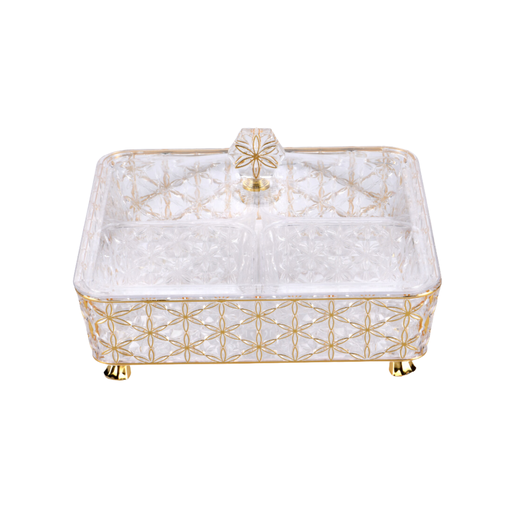[02-1077] Vague Clear & Gold Square Acrylic Candy Box with legs and 4 bowls 27.2 cm x 27.2 cm Daisy Pattern