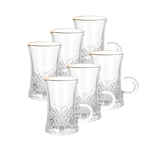 [04-630] Glass 6 Pcs Tea Cup Set 110 ml - Frost Design with Golden Rim