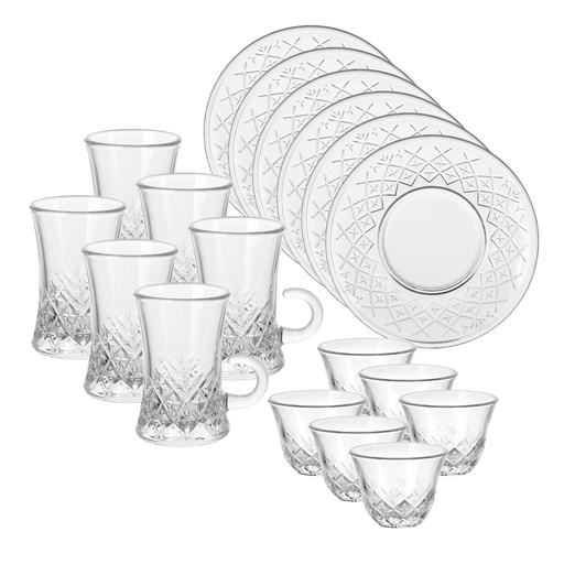 [04-637] Glass 18 Pcs Tea & Coffee Set - Ice Design