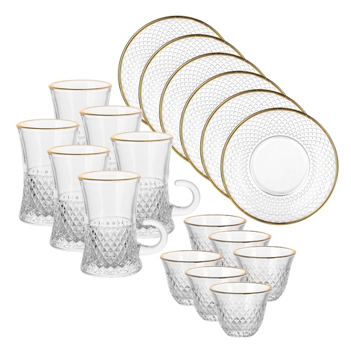 [04-642] Glass 18 Pcs Tea & Coffee Set - Nexus Design with Golden Rim