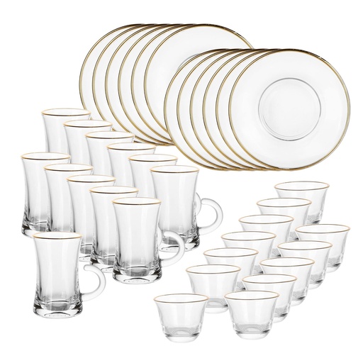 [04-647] Glass 36 Pcs Tea & Coffee Set - Plain with Golden Rim