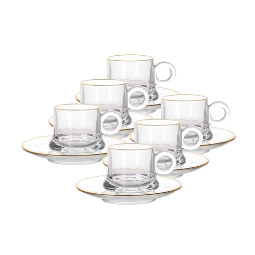 [04-664] Glass 12 Pcs Tea Mug & Saucer Set 105 ml - Plain with Golden Rim