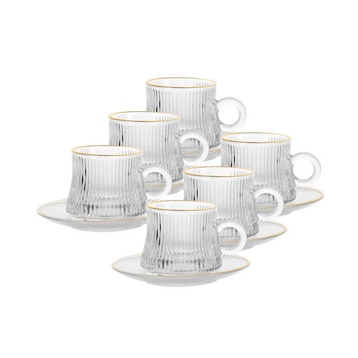 [04-665] Glass 12 Pcs Tea Mug & Saucer Set 105 ml - Ligna Design with Golden Rim
