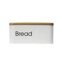 [13-1760] Vague Rectangular Mini Bread Bin with Bamboo Lid 30 x 18.5 x 13 cm White