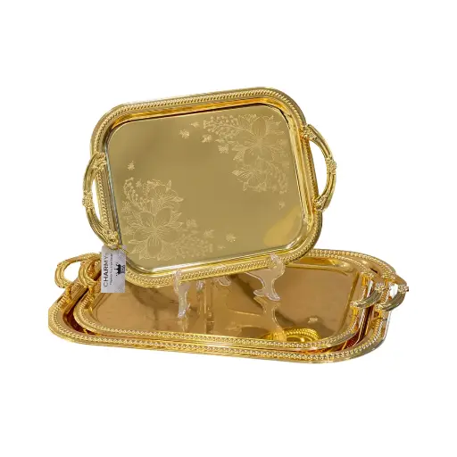 [LBS-158] 3 Pcs Rectangular Stainless Steel Trays Set Golden