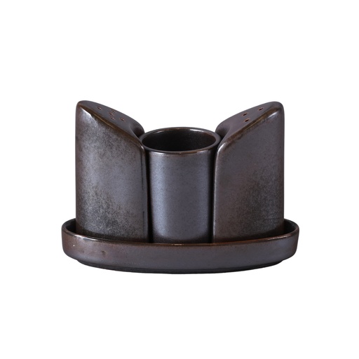 [08-091D3] Porceletta Rustic Black Reactive Glaze Porcelain 4 Pieces Condiment Set